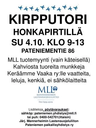 KIRPPUTORI HONKAPIRTILLÄ SU 4.10. KLO 9-13 PATENIEMENTIE 86