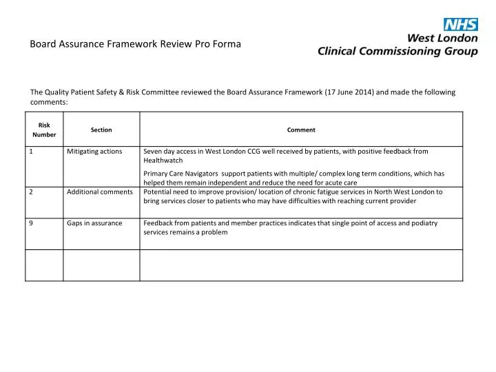board assurance framework review pro forma