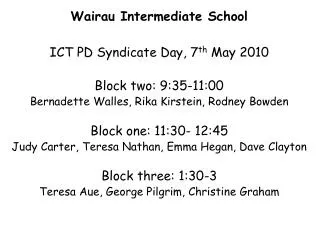 Wairau Intermediate School ICT PD Syndicate Day, 7 th May 2010 Block two: 9:35-11:00