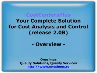 CostCentersPlus Your Complete Solution for Cost Analysis and Control (release 2.0B) - Overview -