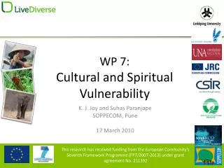 WP 7: Cultural and Spiritual Vulnerability
