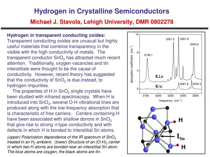 hydrogen in crystalline semiconductors michael j stavola lehigh university dmr 0802278