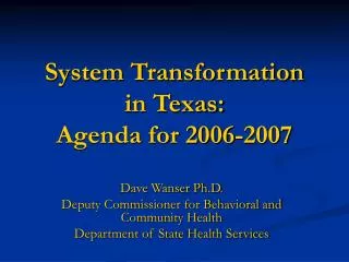 System Transformation in Texas: Agenda for 2006-2007