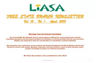 FREE STATE BRANCH NEWSLETTER Vol 12 , No 1 , April 2010