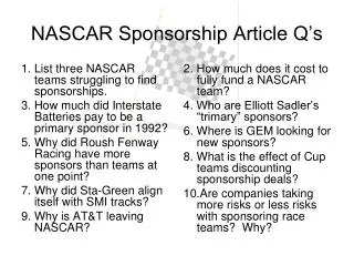 NASCAR Sponsorship Article Q’s
