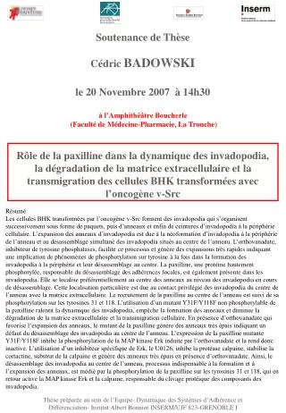 Soutenance de Thèse Cédric BADOWSKI le 20 Novembre 2007 à 14h30 à l’Amphithéâtre Boucherle