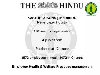 KASTURI &amp; SONS (THE HINDU) News paper industry 130 year old organisation 4 publications