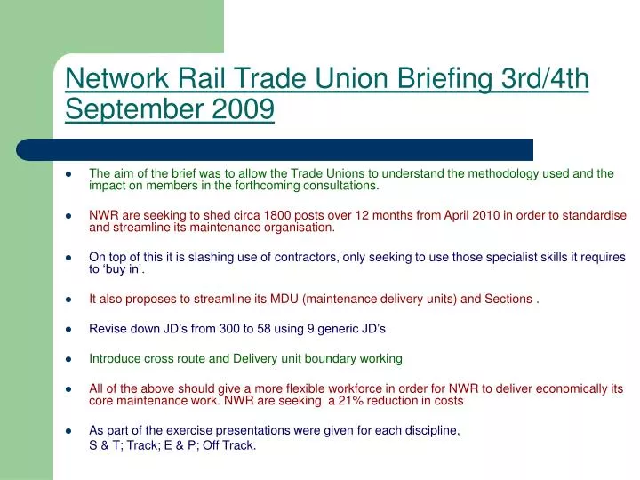 network rail trade union briefing 3rd 4th september 2009