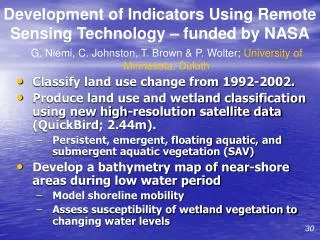Development of Indicators Using Remote Sensing Technology – funded by NASA