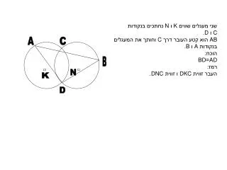שני מעגלים שווים K ו N נחתכים בנקודות C ו D . AB הוא קטע העובר דרך C וחותך את המעגלים