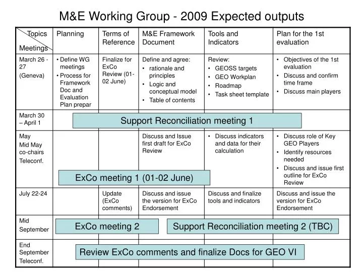m e working group 2009 expected outputs