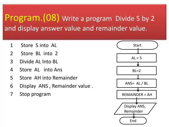 program 08 write a program divide 5 by 2 and display answer value and remainder value