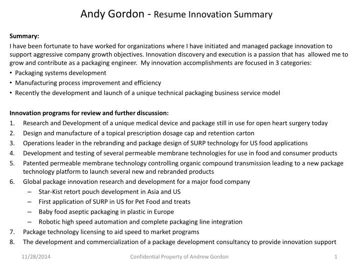 andy gordon resume innovation summary