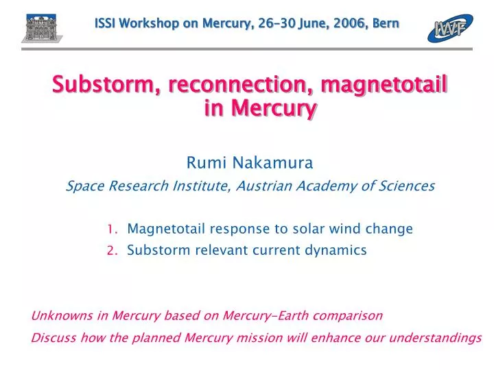issi workshop on mercury 26 30 june 2006 bern
