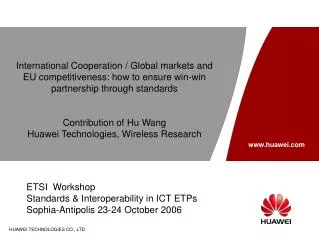 ETSI  Workshop Standards &amp; Interoperability in ICT ETPs Sophia-Antipolis 23-24 October 2006