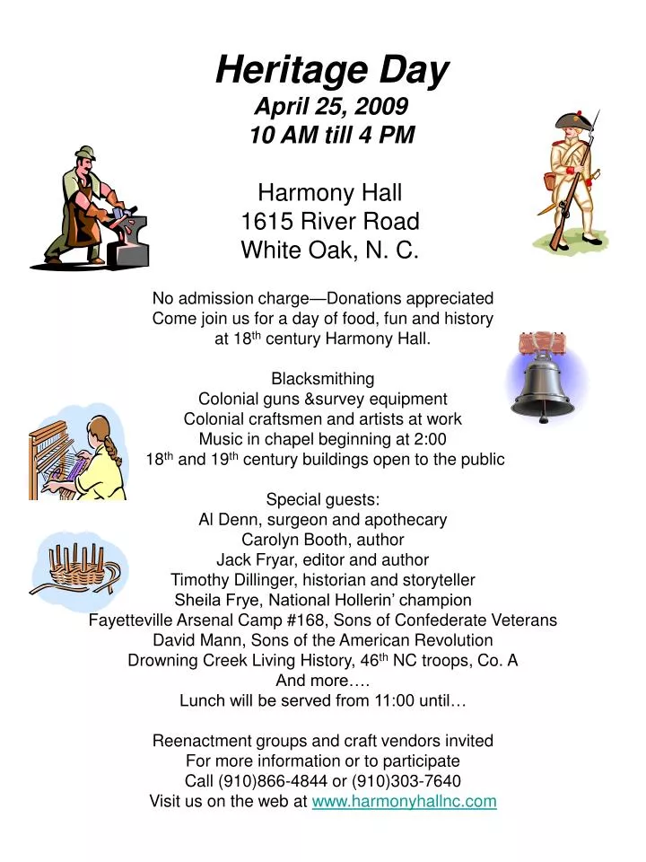 heritage day april 25 2009 10 am till 4 pm harmony hall 1615 river road white oak n c