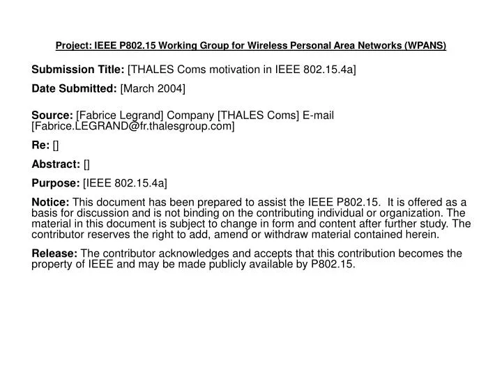 project ieee p802 15 working group for wireless personal area networks wpans