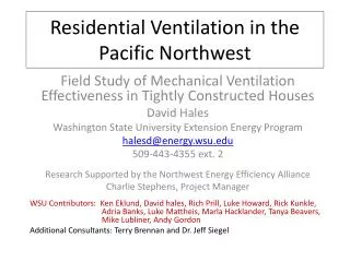Residential Ventilation in the P acific Northwest