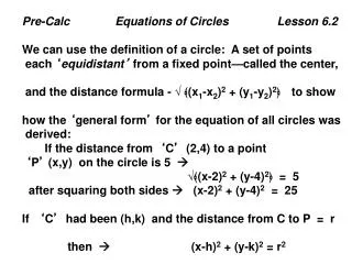 Pre-Calc Equations of Circles Lesson 6.2