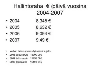 Hallintoraha € /päivä vuosina 2004-2007