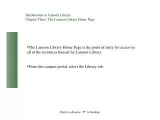 Introduction to Lamson Library Chapter Three: The Lamson Library Home Page
