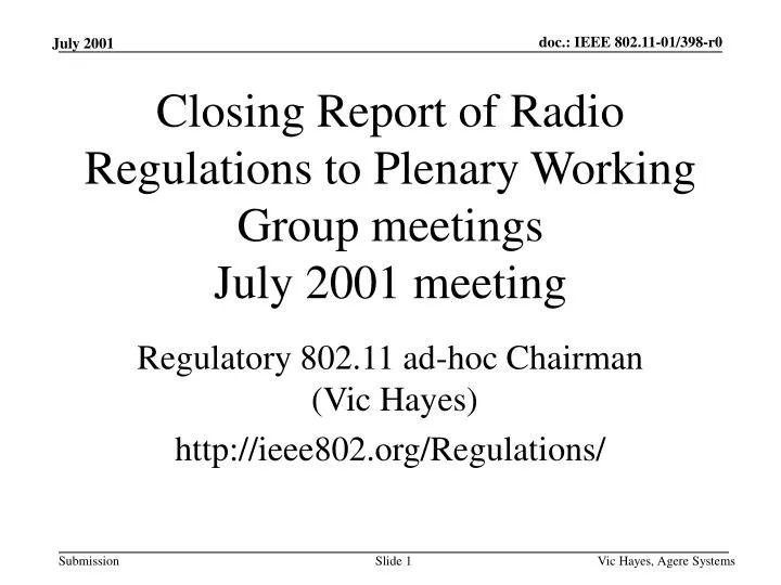 closing report of radio regulations to plenary working group meetings july 2001 meeting