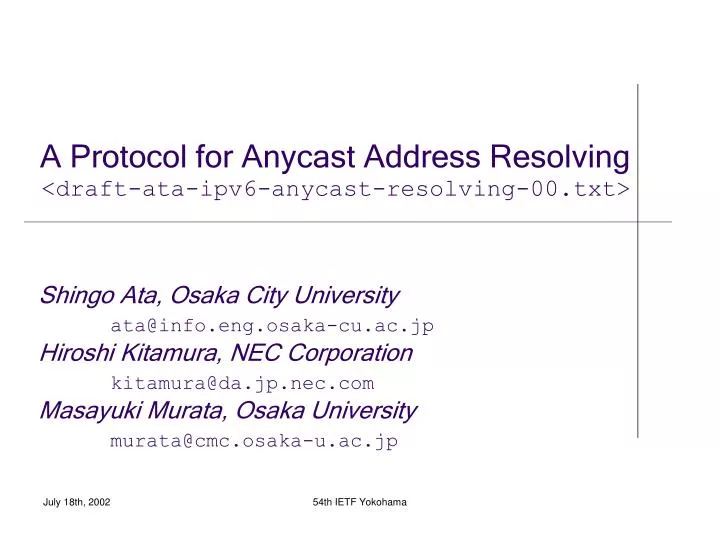 a protocol for anycast address resolving draft ata ipv6 anycast resolving 00 txt