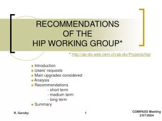 RECOMMENDATIONS OF THE HIP WORKING GROUP*