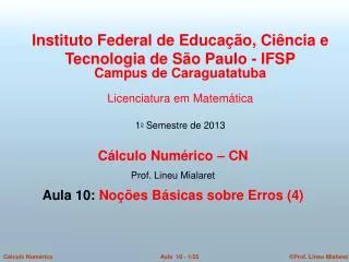 Cálculo Numérico – CN Prof. Lineu Mialaret Aula 10: Noções Básicas sobre Erros (4)