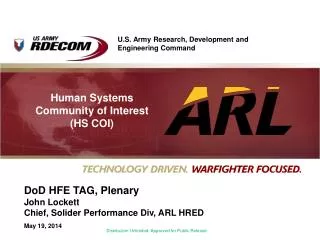 DoD HFE TAG, Plenary John Lockett Chief, Solider Performance Div, ARL HRED May 19, 2014