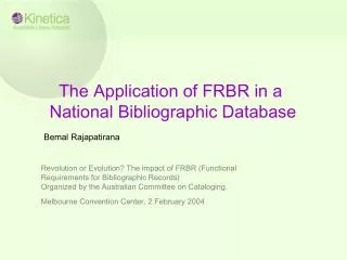 The Application of FRBR in a National Bibliographic Database