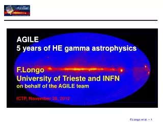 AGILE 5 years of HE gamma astrophysics F.Longo University of Trieste and INFN