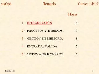 Horas INTRODUCCIÓN 	4 PROCESOS Y THREADS	10 GESTIÓN DE MEMORIA	8 ENTRADA / SALIDA	2