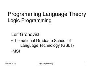 Programming Language Theory Logic Programming