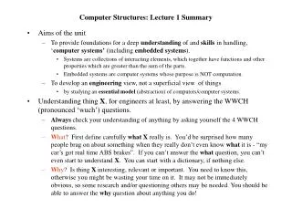 Computer Structures: Lecture 1 Summary