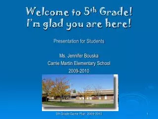 Welcome to 5 th Grade! I’m glad you are here! Presentation for Students