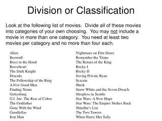 Division or Classification