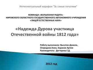 «Надежда Дурова участница Отечественной войны 1812 года»