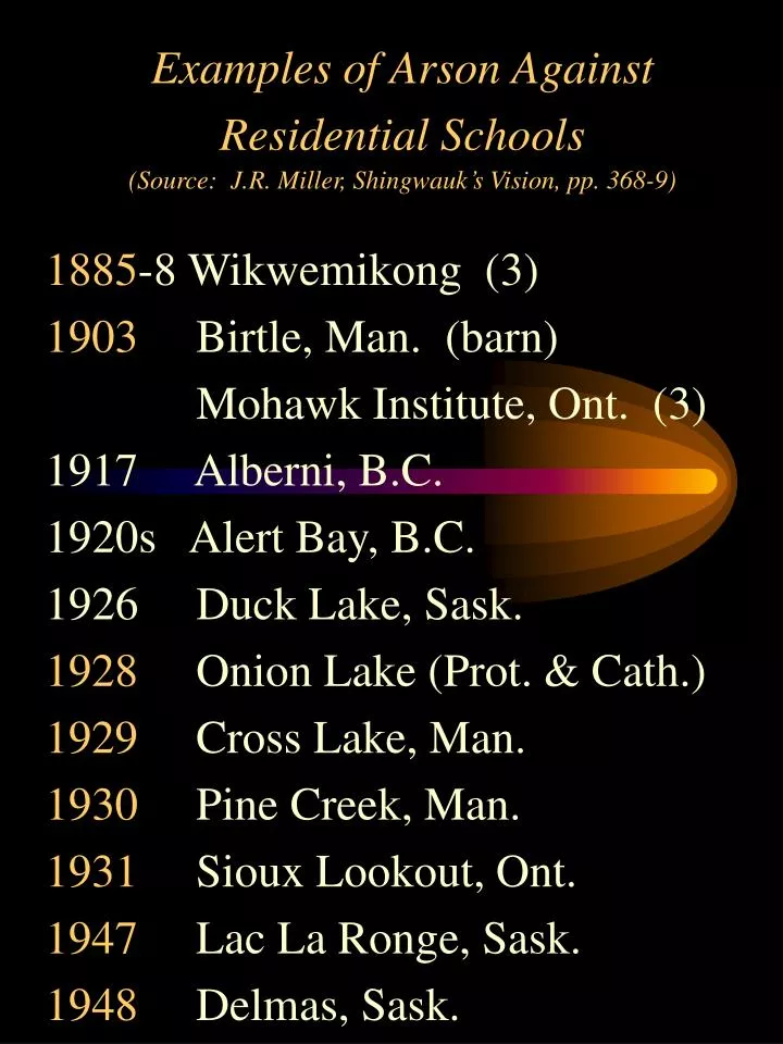 examples of arson against residential schools source j r miller shingwauk s vision pp 368 9