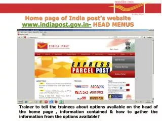 Home page of India post’s website indiapost- HEAD MENUS