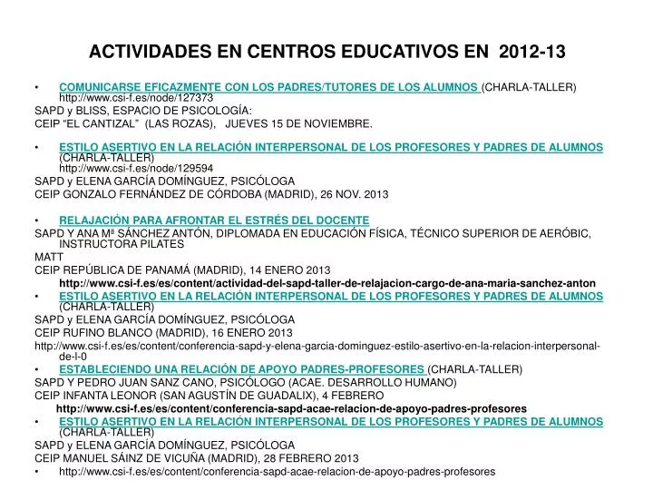 actividades en centros educativos en 2012 13