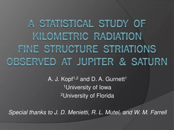 a statistical study of kilometric radiation fine structure striations observed at jupiter saturn