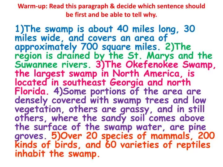 warm up read this paragraph decide which sentence should be first and be able to tell why