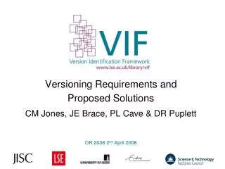 Versioning Requirements and Proposed Solutions CM Jones, JE Brace, PL Cave &amp; DR Puplett
