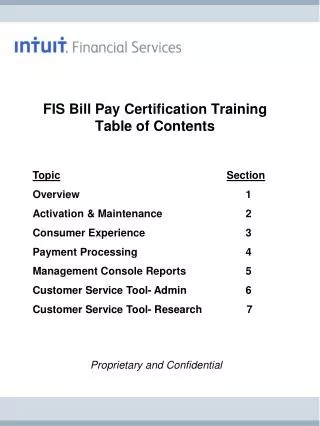 FIS Bill Pay Certification Training Table of Contents
