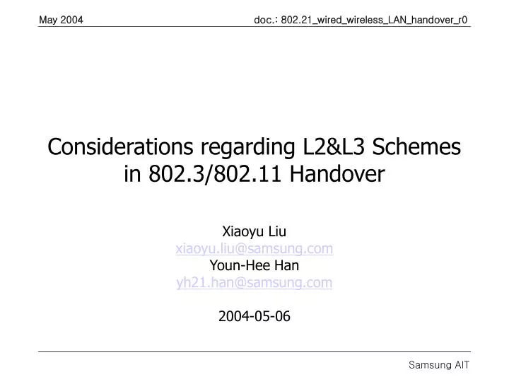 considerations regarding l2 l3 schemes in 802 3 802 11 handover