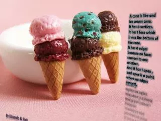 A cone is like and ice cream cone. It has 0 vertices. It has 1 face which