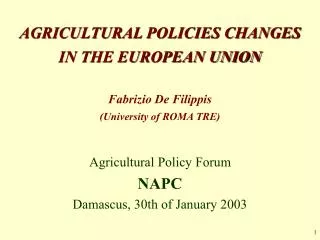 AGRICULTURAL POLICIES CHANGES IN THE EUROPEAN UNION Fabrizio De Filippis (University of ROMA TRE)