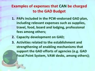 Examples of expenses that CAN be charged to the GAD Budget