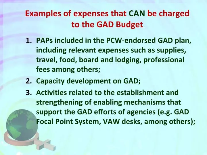 examples of expenses that can be charged to the gad budget